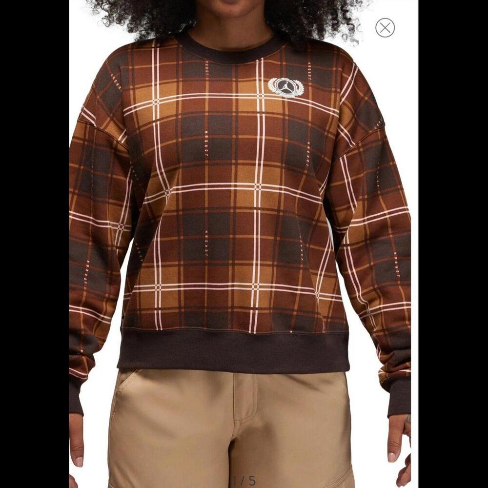 Nike Jordan Women’s Brooklyn Plaid Fleece Crew, Velvet Brown Large